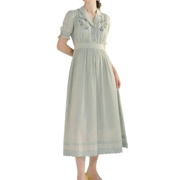 Simply Retro NWT Embroidered Lace Ruched Midi Dress Puff Short Sleeve Size M - Picture 1 of 15